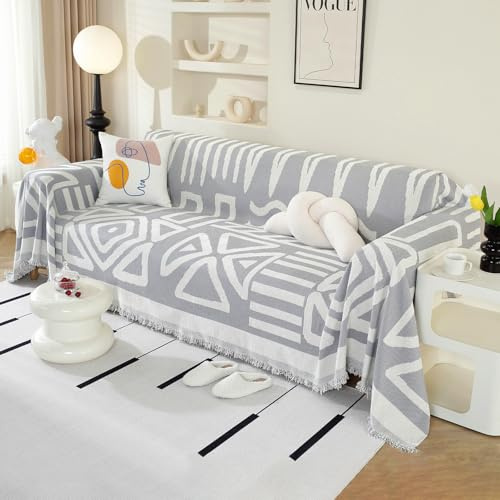 Royhom Sofa Überzug Boho, Sofabezug L Form, Couch Überzug Ecksofa, Sofaüberwurf 4 Sitzer, Couch Überwurf mit Deko Quasten, Hellgrau Sofa Überwurf(Boho Hellgrau, 230x380cm)
