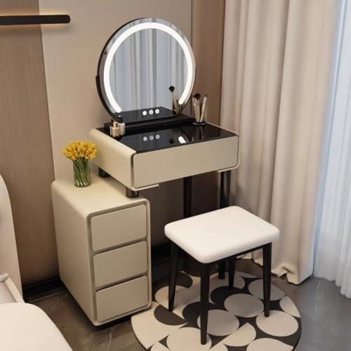 Schminktisch mit runden 3-farbigen Lichtern, gepolstertem Hocker, Schubladen, Beistellschrank, Schminktisch-Set für kleine Schlafzimmer, Ankleidezimmer, perfekt für Mädchen und Frauen. (Graubraun