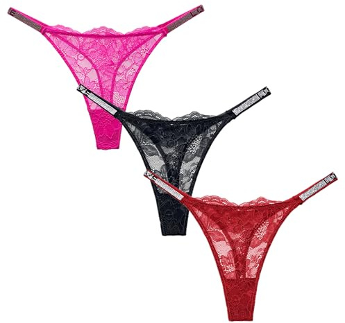Maeau spets tanga dam 3-pack G-string stretch strass trosor transparent nät underkläder trosor glitter sexiga underbyxor trosor spets string trosor EU XS-L (Asie S-XL), Rosa + svart + röd, S