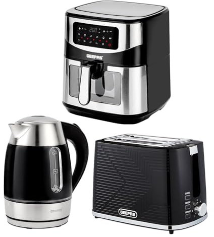 Geepas 1.7L Illuminating Electric Kettle 2 Slice Bread Toaster & 9.2L Digital Air Fryer Kitchen Combo Set | 2200W Rapid Boil Cordless Jug Kettle | 900W Toaster | Oil Free Toaster Oven