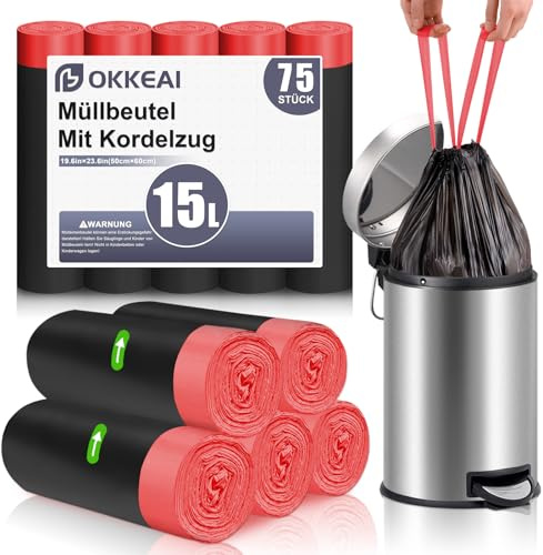 OKKEAI Müllbeutel 15L Schwarz Für Bad, Müllsäcke, 75 Stück | Kordelzug Verschluss, Reißfestes Material Für Zuverlässige Tägliche Nutzung