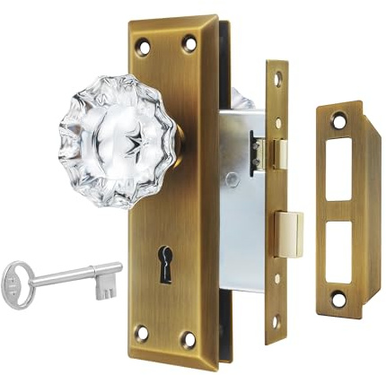 newliplace Upgraded Mortise Lock Set for Interior Door, Antique Brass Crystal Glass Door Knobs with Lock and Skeleton Key, Old Style Door Knobs Reversible for Left & Right Handed Door