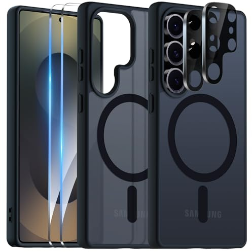 COPIKE Magnetic Case for Samsung Galaxy S25 Ultra with 2 Screen Protector and 2 Lens Protector, Compatible with Mag Safe Translucent Matte Anti-Fingerprint Anti-Scratch Shockproof Cover, Black