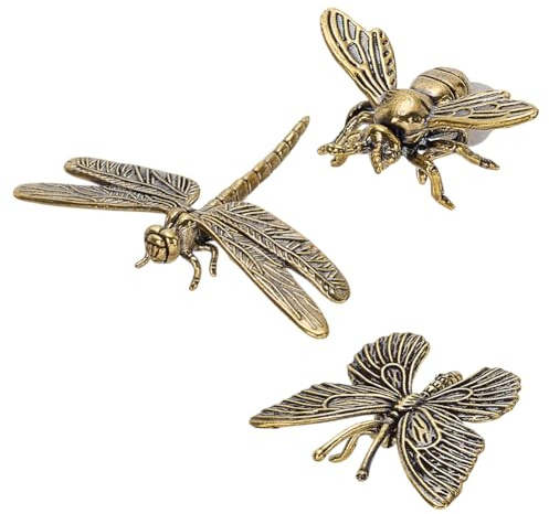 WEBEEDY Brass Butterfly Dragonfly Bee Figurines Gold Animal Figurines, 3pcs | mini brass animal insects statues; pond landscaping decorative; table garden indoor outdoor home decor; unique birthday gift