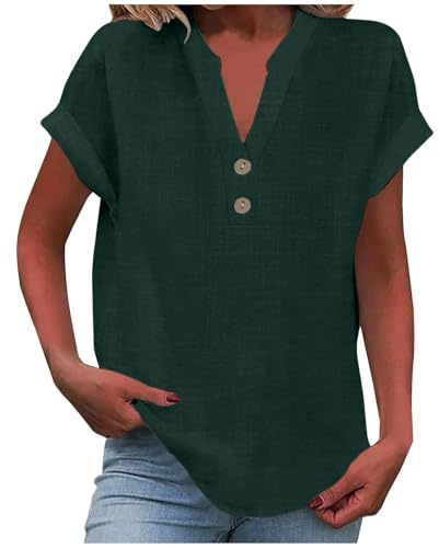 Camisa Mujer Lino Algodón Manga Corta Camiseta Blusa Polo Ligero Verano Moda Casual Color Sólido Cómodo Suelto Cuello en V Botones Tops Elegante Basic tee Talla Grande Transpirable 2025