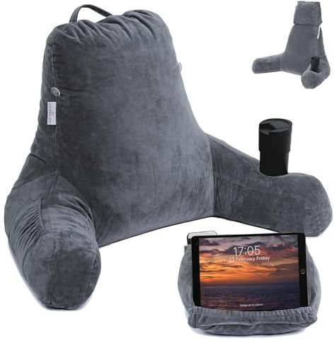Storrejoy Lesekissen groß - Rückenkissen zum Sitzen im Bett mit Armen, abnehmbarer Kopfstütze, Memory-Schaum, Buch-/Tablet-Halter, Aufbewahrungstaschen und Löschschlitz (Anthrazit)