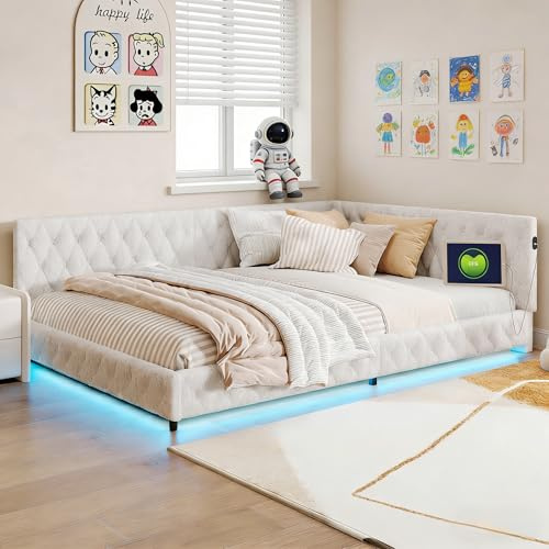 BRILVERDE Polsterbett 140x200 mit LED, Sofabett mit Lattenrost, Eckbett, Kinderbett, Doppelbett, für Kinder und Jugendliche, Lammwolle, Ohne Matratze (Beige, 140 x 200 cm)