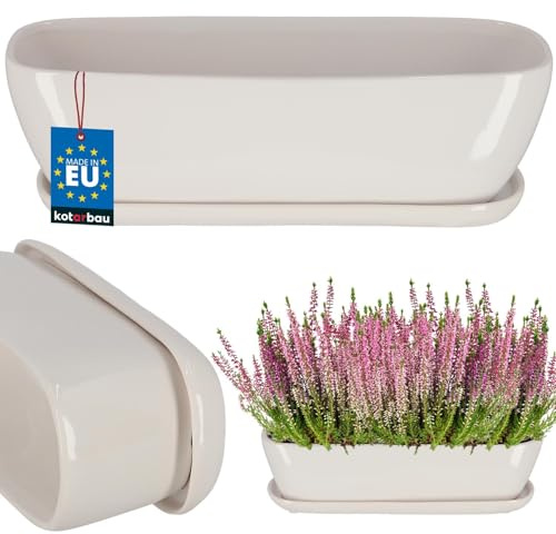 KOTARBAU® Keramik Blumenkasten mit Untersetzer 40x13x13cm Weiß Pflanzkübel Pflanzentopf Übertopf Blumenkasten Balkon Pflanze Töpfe Blumenkübel Pflanztopf Kräutertopf Fensterbank