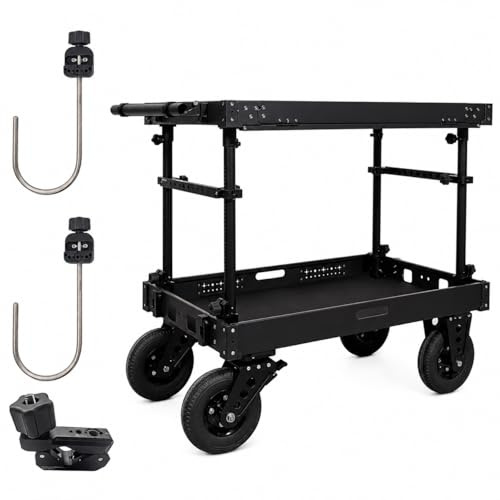 DFCINE videoproduktion kameravagn – vikbar 299 kg mobil arbetsstation för studio/film, verktygsfri installation, 20 cm pneumatiska hjul, CNC-aluminium, med stångklämma och 2 krokar för tillbehör