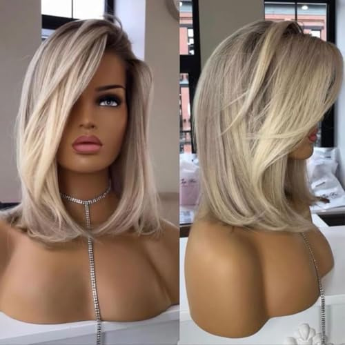 Highlight-Eschenperücke, blond, Echthaar, vorgefedert, atmungsaktiv, Balayage Ombre, Braun, kurz, Bob, Perücke, 13 x 4, UHD, Spitzenfront, Echthaar, für Damen, 30,5 cm, 180 %