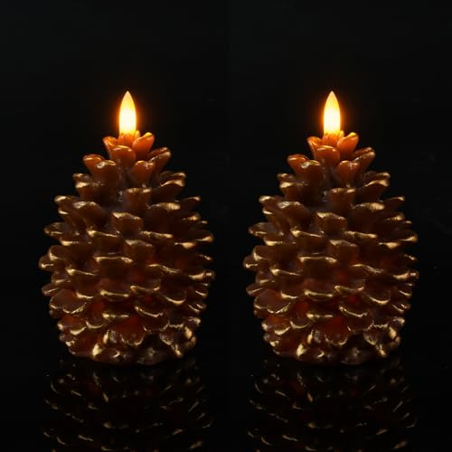Homemory Pine Cone Battery Flameless Candles, 6+18 Hours Timer, Flickering Wick Real Wax Fake Electric Candles, for Holiday Indoor Decoration, Set of 2, Brown