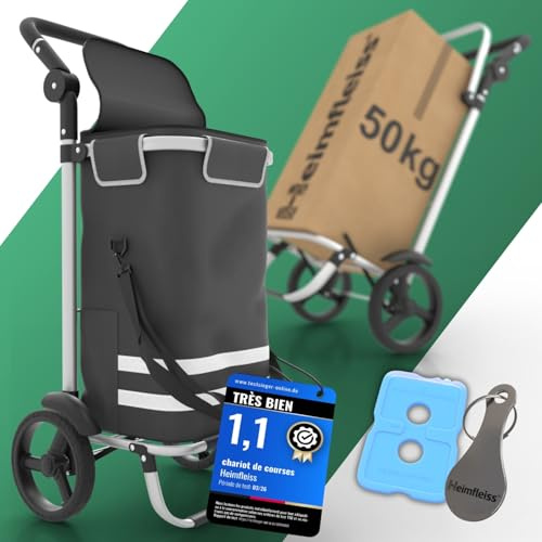 Heimfleiss® Chariot de Courses Pliable 56L | Caddie de Courses Pliant avec 50kg de Charge Utile | Sac de Courses Léger à roulettes | Chariot de Shopping XL avec Compartiment Isotherme | Gris