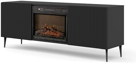 Homlando Ravenna Meuble TV 2D avec cheminée 170 x 42 x 63 cm, 2 portes, 2 étagères, design moderne, effet flamme, pieds en métal noir, push-to-open, meuble TV pour salon (noir mat)
