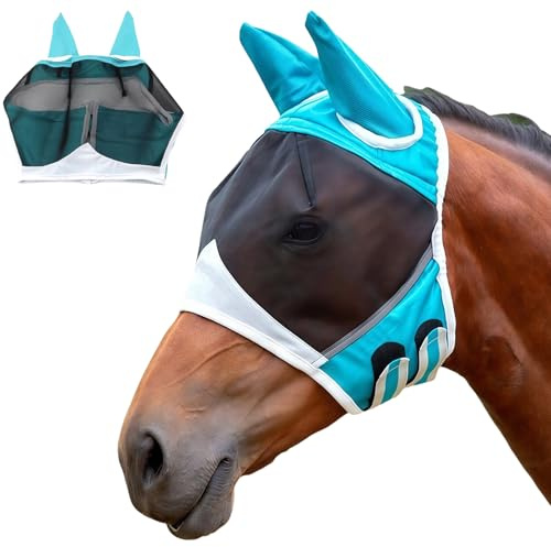 LUMOOM Masque anti-mouches pour cheval avec protection UV, masque de cheval avec protection des oreilles, cagoule anti-mouches, masque de cheval (M, bleu)
