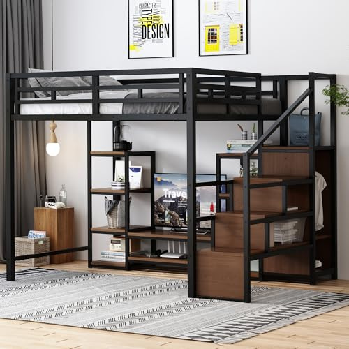 Zravenna Metallbett Hochbett 140x200 mit TV-Ständer und Lagerregal, Multifunktionales Etagenbett mit Kleiderschrank und Sicherheitstreppe, Stabile Metall-Holz-Kombination (Schwarz)