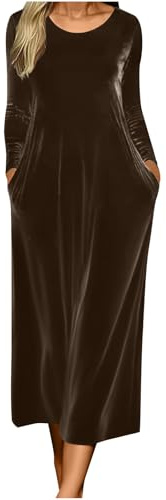 Maxi abito da donna in velluto, a maniche lunghe, girocollo, con tasche, elegante, formale, cocktail, feste, matrimoni, ospiti, capodanno, vacanze, abiti da sera in velluto, Marrone, M