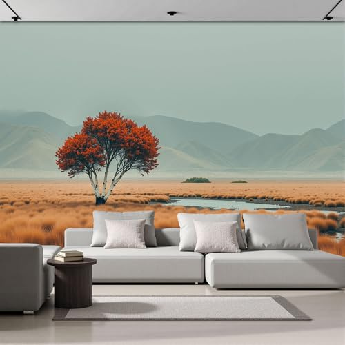 Papel Pintado Panorámico Abedules Hierba 250An×175Al cm Fotomurales No Tejido, Naturaleza Campos Mural Foto Decoración Póster Pared 3D Para Salón Fotográfico Dormitorio Pared Sala