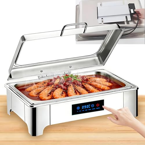 VFDZ Chafing Dish Elettrico, 9L Professionale Scaldavivande Elettrico per Buffet in Acciaio Inox, Contenitore Scalda Cibo con Coperchio in Vetro per Buffet e Hotel, Temperatura Regolabile(FULL PAN)