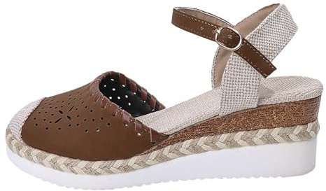 Cocila Sandalias Mujer Cuña Pies Anchos Zapato Comodas Con Hebilla Transpirable Y Hueca Para Mujer, De Verano, Talla Grande, Informales, Gruesa, Nuevas Zapatos Vestir (Brown, 43) Cuñas Esparto