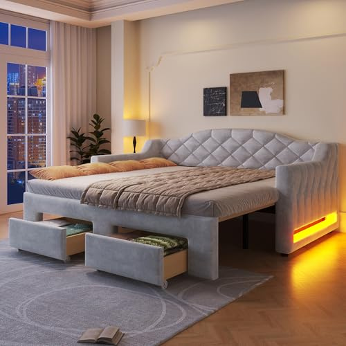 FammyLoft Polsterbett 90 * 200cm mit Ausziehbarem, Ausziehbett mit LED-Beleuchtung, Sofa Bett mit Zwei Schubladen, Tagesbett Ausziehbar, Daybett, für Wohnzimmer/Schlafzimmer, Ohne Matratze, Samt