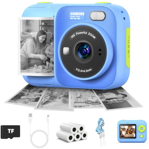 Kids Camera Instant Print with 5 Rolls Print Paper, Instant Camera for Kids with TF Card, 1080P Kids Digital Video Recorder, Gift Toy for Boys Girls (Blue)