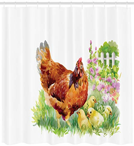 Lunarable Chicken Shower Curtain, Aquerelle Hen and Her Chicks on a Garden with White Fences and Pale Pink Flowers, Cloth Fabric Bathroom Decor Set with Hooks, 105 Extra Wide, Multicolor