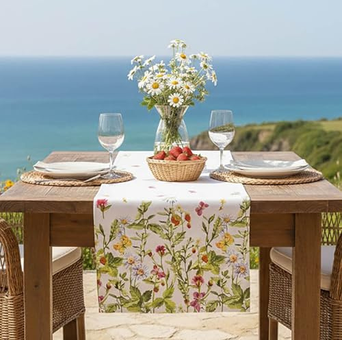 KAMACA Tischläufer Wiesenblumen und Schmetterlinge – 40x90 cm Kleiner Läufer für Frühling und Sommer – Florales Druck-Motiv für Garten, Outdoor und Haus – Waschbare Tischwäsche