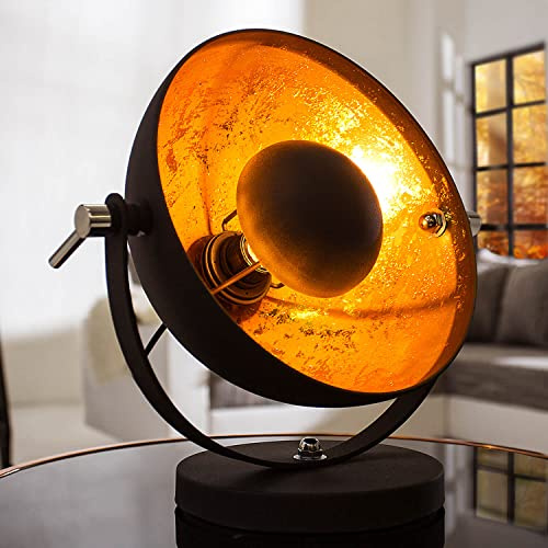 Licht-Erlebnisse Tischleuchte rund Ø30cm schwenkbar verstellbar Retro Lampe Schwarz Blattgold Optik Wohnzimmer