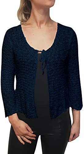 Damer popcornstil virkad vanlig stretch fisknät i midja Bolero kort kort kort kofta, Mörk denim cardigan, one size