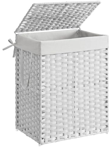 SONGMICS Cesto de Ropa Sucia, Cesta de Ratán Sintético 90 L con Tapa y Asas, Mimbre, Plegable, Forros Extraíbles, para Mantas, Ropa, Dormitorio, Baño, Lavandería, Blanco Nube LCB51WT