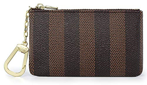 Rauder Luxury Zip Key Chain Pouch | Mini Coin Purse Wallet Card Holder with Clasp | for Men Women - Coated Canvas (Brown Stripe)