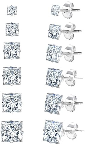 Stainless Steel Stud Earrings Set for Men, 18K White Gold Plated Square Cubic Zirconia Studs Hypoallergenic Mens Earrings Pack 6 Pairs for Men Women