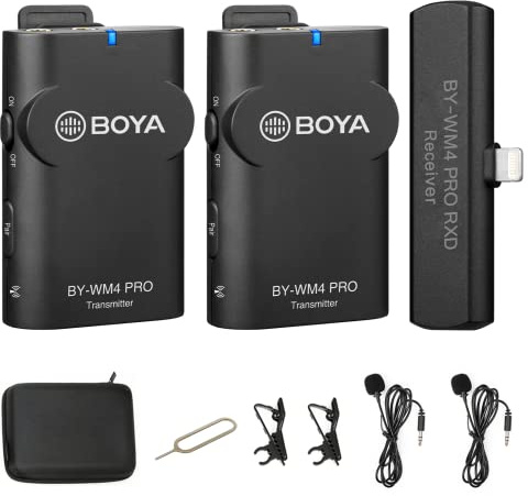 BOYA 2.4GHz Wireless Lavalier Lapel Microphone System for iPhone/iPad Dual Clip On Cordless Lav Mic for Vlog Video Recording YouTube with Lightning Connector Receiver and Transmitter by-WM4 PRO-K4