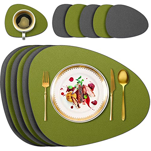 6er Set Tischsets Abwaschbare mit Untersetzern, Doppelseitige Platzdeckchen Lederoptik wasserdichte Platzsets für Esstisch, Küche, Restaurant & Zuhause (Grün&Grau)