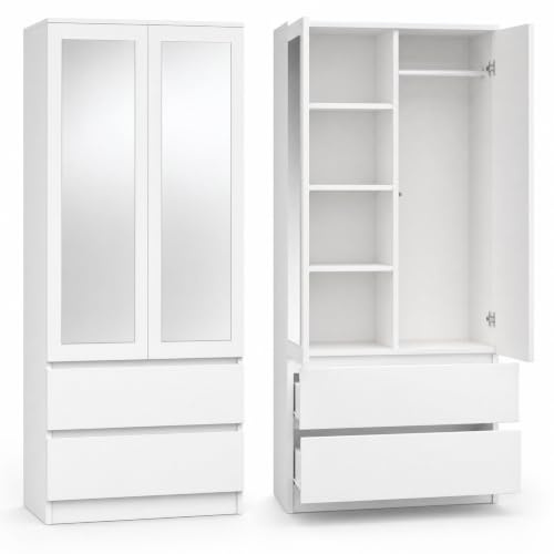 WHATSIZE ENTERPRISE Mirrored Wardrobe with Drawers - Double Closet for Bedroom - 2 Door Wardrobe with Drawers, Shelves and Hanging Rail - Modern Bedroom Furniture, White