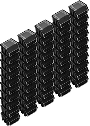 PAFEN Staplingsbara lådor – 50 x stapelbara lådor med lock 115 x 75 x 118 mm – genomskinlig låda för verktygsvägg, förvaringslåda, svart
