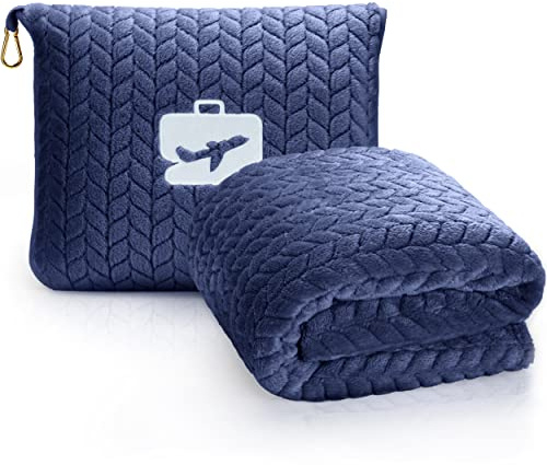 EverSnug Coussin de Voyage de qualité supérieure – Couverture d'avion Douce 2 en 1 avec taie d'oreiller Douce, Housse pour Bagage à Main et Clip pour Sac à Dos (Bleu Marine)
