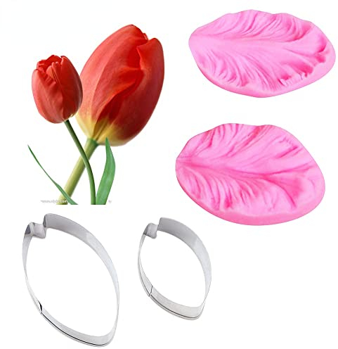4pcs/set Tulip Flower Petal Veiner Silicone Mould Stainless Steel Cutter Mold Handmade Fondant Flower Mould Cake Decorating Tool