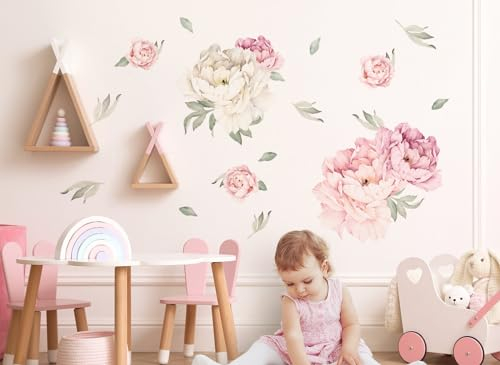 DEKO KINDERZIMMER Wandsticker Pfingstrosen Set Wandtattoo Wohnzimmer Rosa Blumen Kinderzimmer Wandaufkleber Pflanzen Schlafzimmer Wanddeko DK1079-4