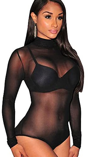 HSAJS Body Donna Manica Lunga Sexy Lingerie Bodysuit Jumpsuits Trasparente Rete Aderente Lingerie Elasticizzato Shapewear Casuale