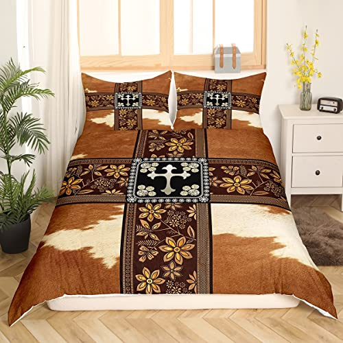 Braun Kuhfell Bettwäsche 155x220 Kuhfell Druck Bettbezug für Mädchen Frauen,Goldene Retro Blumen Bettwäsche Set Westliche Wildtiere Pelz Bett Set Bauernhof Kuhboys Kuhgirls Schlafzimmer Dekor