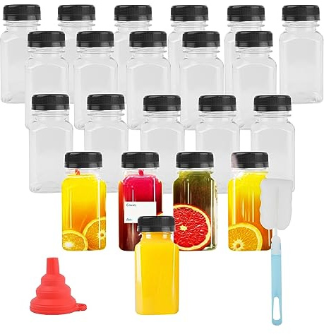 Kikuo Paquete de 20 botellas de jugo de plástico con tapas, 120 ml Botellas de Plástico Reutilizables transparentes Vacías para jugo, batidos, Bebidas Caseras, aliños de cocina, aliños para ensaladas