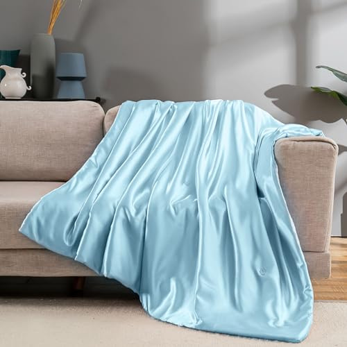 Vonty Baby Blue Satin Throw Blanket 60x80In, Cooling Silky Wrinkle-Free