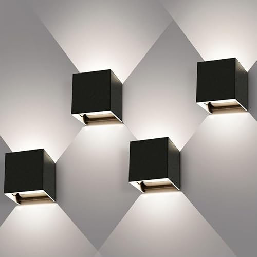 Kingwei 4 lampade da parete a LED per esterni/interni, 12 W, bianco neutro, 4000 K, fascio di luce regolabile su e giù, impermeabili, IP65, illuminazione da parete per interni, colore nero