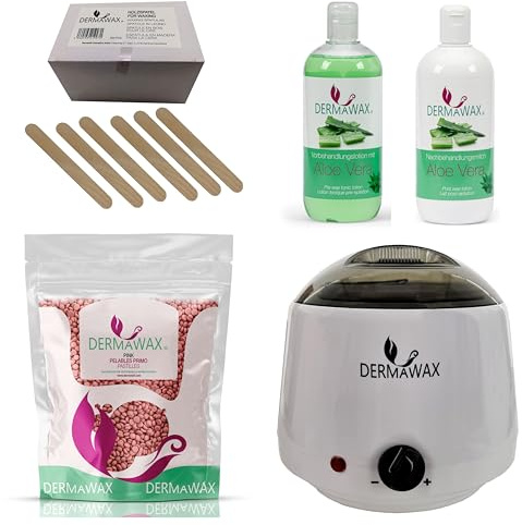 Dermawax Profi Waxing Set- 1000 ml Wachsgerät- Made in Spanien- 1 kg Pink Wachsperlen- 500 ml Aloe Vera Vorbehandlungslotion- 500 ml Aloe Vera Nachbehandlungsmilch 200 Stück Holzspatel