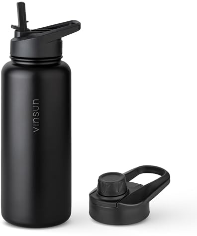 Vinsun Thermoflasche schwarz 1L inkl. 2 Deckel - Strohhalm, Trinköffnung | auslaufsicher, Kohlensäure geeignet, BPA frei - isolierte Trinkflasche Edelstahl Sport, Schule, Fahrrad, Camping