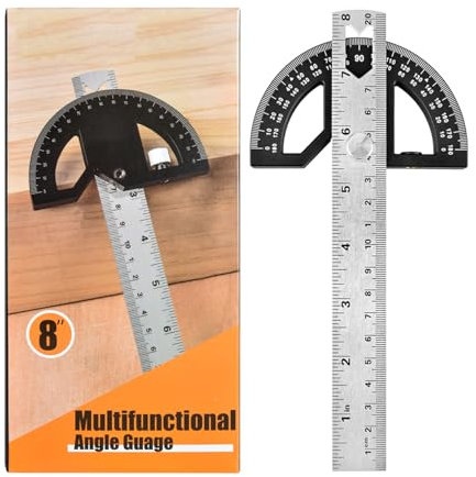 Protractor Angle Ruler - Adjustable Stainless Steel Gauge With 0-180 Degrees Measuring for Home Improvement Carpentry Work (Black, 8-Inch, Alloy)