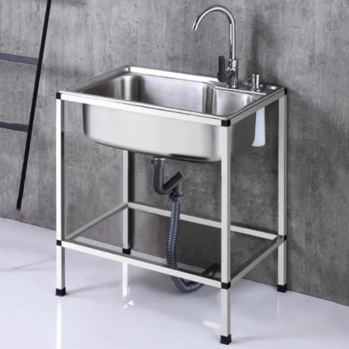 Fregadero Grande de Acero Inoxidable,Juego de Fregadero de Restaurante Comercial con Grifo de agua fría y caliente,Fregadero de Cocina para Lavandería,Garaje,Jardín al Aire Libre (68 × 44 × 75 cm)