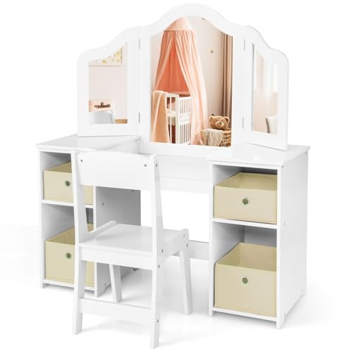 COSTWAY Kids Vanity Set, Children Dressing Table with Tri-Folding Detachable Mirror, 4 Storage Bins, Girls Makeup Tables for Playroom Bedroom (White with Stool)