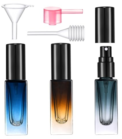 Yikimyfo Travel Perfume Bottle Refillable, 3 Pcs Fine Mist Glass Spray Bottles Empty Leak-proof Cologne Spray Bottle Mini Perfume Atomizer with Tool, 3Pcs-5ml(Blue+Green+Brown)-Black Cap